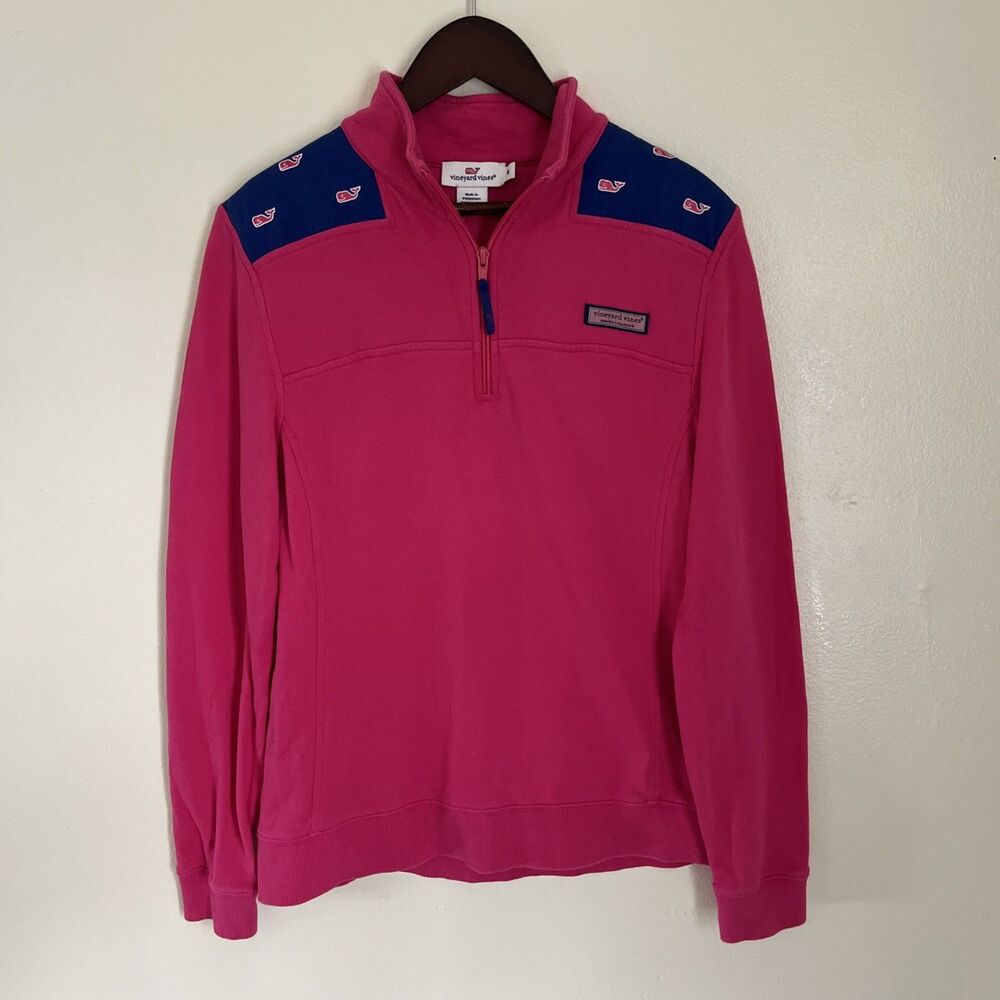VINEYARD VINES Women’s Whale Embroidered 1/4 Zip Shep Shirt, Pink & Navy- Medium